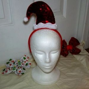 HOLIDAY HAIR BLING FASCINATOR SANTA HAT GLITTER BOW SET OF CHRISTMAS TREE RIBBON